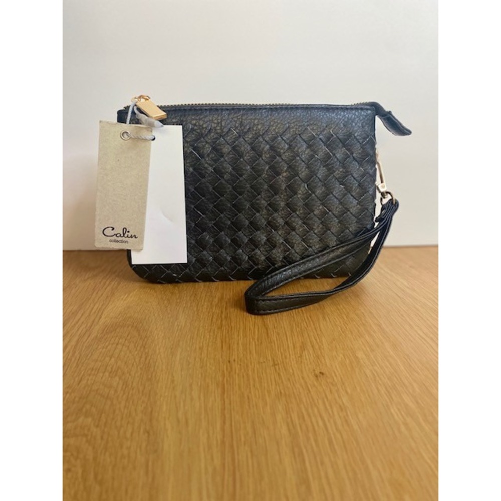 Calin Collection Wristlet Clutch Womens Small Black New Woven Vegan Leather